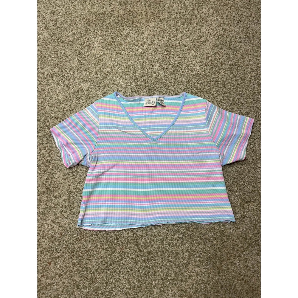 Vintage St Johns Bay Pastel Striped Crop Top V-Neck 90s Cotton Medium Friends